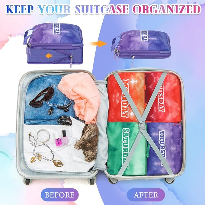 Paterr 7 Pcs Days of Week Packing Cubes Compression Packing Cubes for Kids Summer Camp Travel Daily Outfit Suitcase Organizers Zippered Storage Bag for Cruise Vacation Essentials(Multicolor)