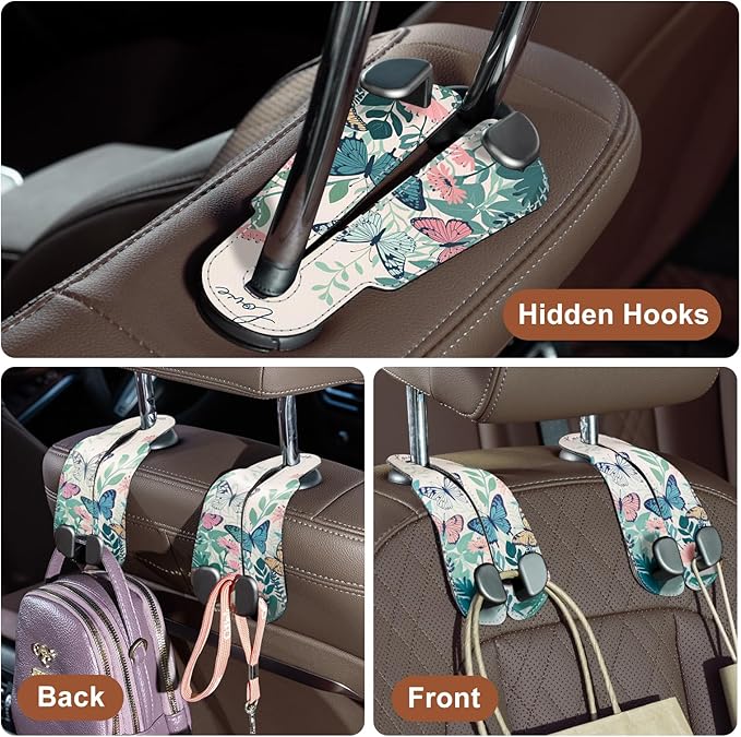 CoBak Purse Hook for Car - Universal Premium Stitched Leather and Aluminum-Magnesium Alloy Double Car Seat Back Storage Hook for Purses, Handbags, Bags (2 Pack),Whipering Garden