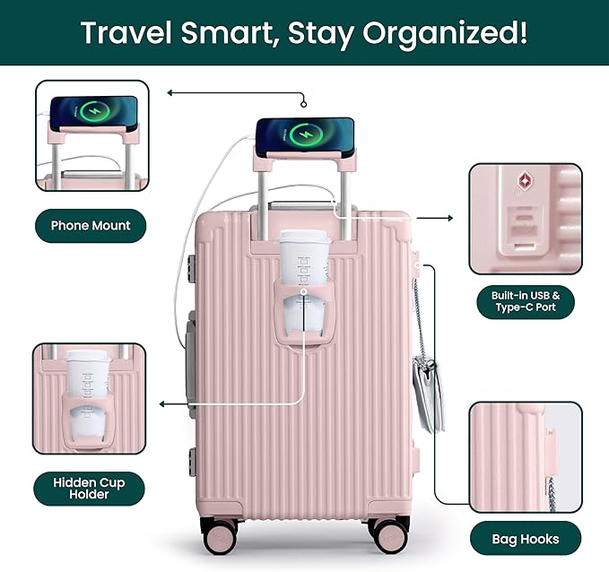 Nobl Travel Carry On Luggage, Noble Zipperless Aluminum Frame PC Hard Shell Suitcase, 20.8"x15"x8.7" Airline Approved, 360° Spinner Wheels, TSA Locks, USB Charging Port, Cup & Phone Holder - Blush