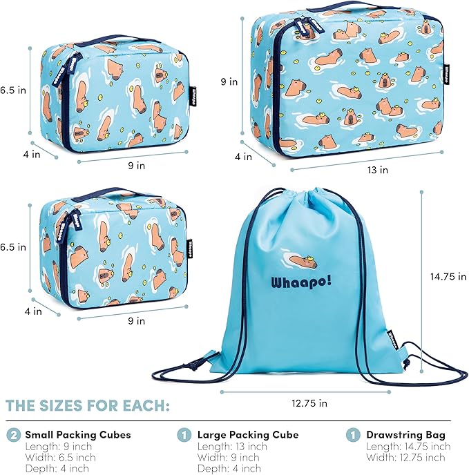 4 Pieces Capybara Cute Packing Cubes - Travel Organizer - Suitcase Organizers for Carry On Luggage - Kids And Diaper Bag - Fun Accessories - Drawstring Laundry Bag