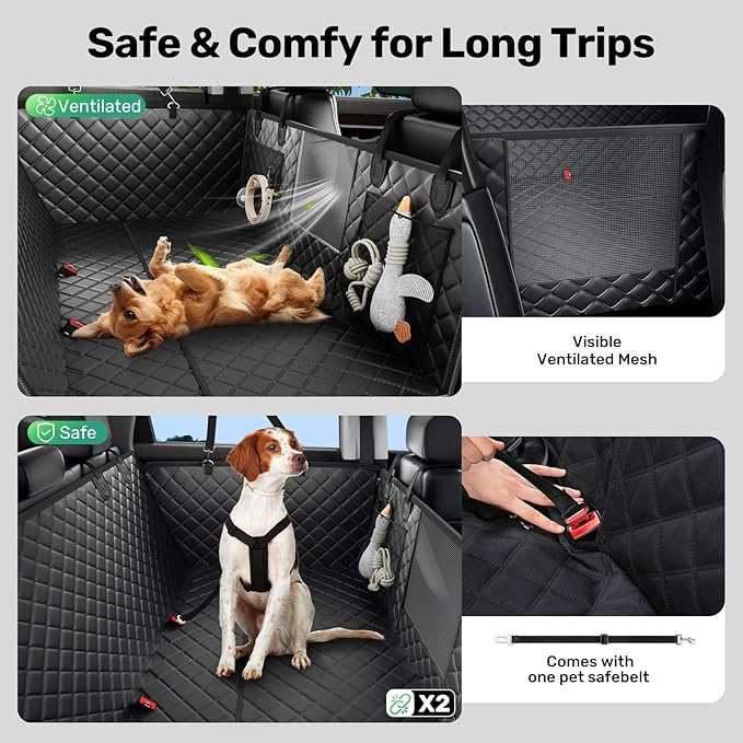 Zanch Heavy-Duty Dog Car Seat Cover, Flat Solid Back Seat Extender for Multi Large Dogs, Hard-Base Supports 450 lb, Waterproof Scrachproof Hammock Protector, Standard for Cars, SUV, Trucks, Green
