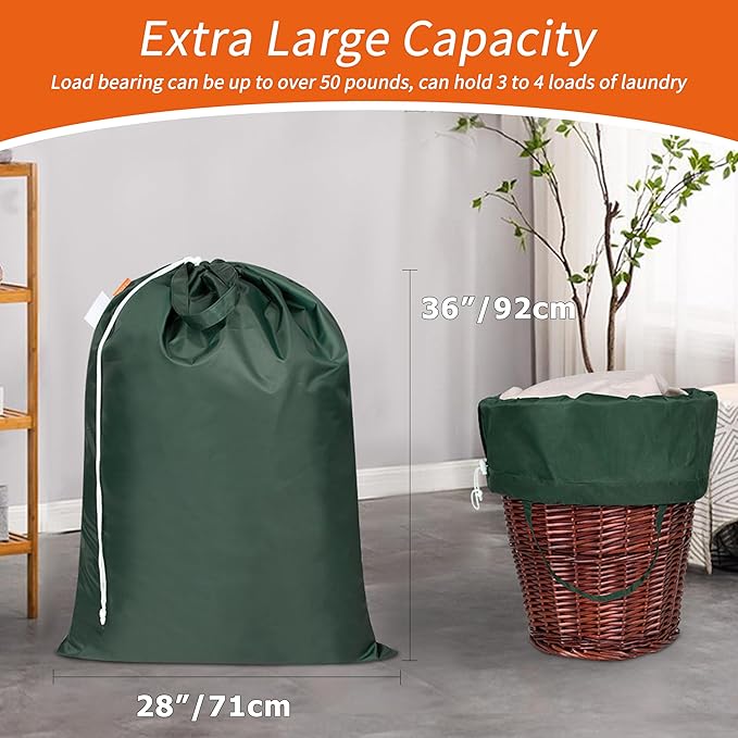 Polecasa Extra Heavy Duty Large Laundry Bag with Sturdy Handles and Drawstring Closure, 2 Pack 28 x 36 inches Durable Storage Bags for Basket, Hamper, College, Dorm, Travel, Green