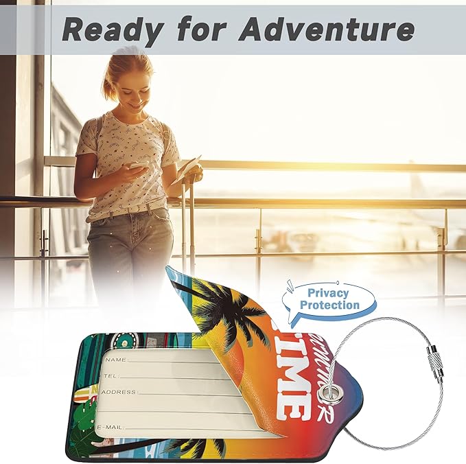 Retro Bus Luggage Tags for Suitcases,2 Pack Surfboard Palm Luggage Tag,Leather Stainless Steel Loop Label Tag for Women Men Girls Travel Bag Suitcase