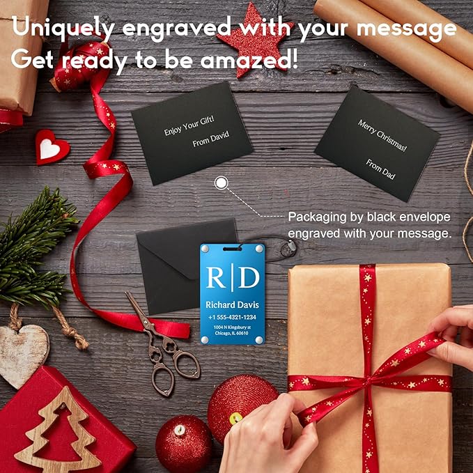 Personalized Luggage Tags for Suitcases - Monogram Style Aluminum Custom Luggage Tags for Backpacks & Bags, Sturdy, Waterproof & Heavy Duty (Blue/Card-Sized)