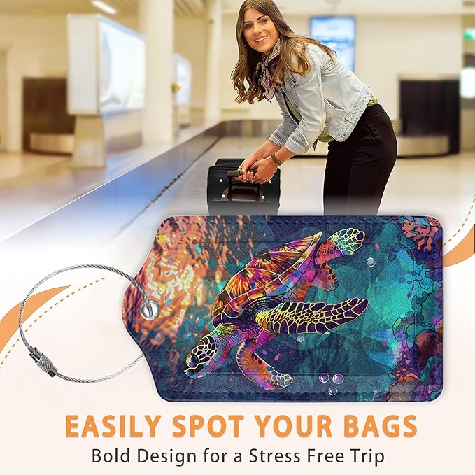 Colorful Turtle Shark 3 Pack PU Leahter Luggage Tag with Stainless Steel Loop, Cute Dolphin Jumping Sunset Travel Suitcase Labels with Privacy Cover ID Label Quickly Spot for Bags