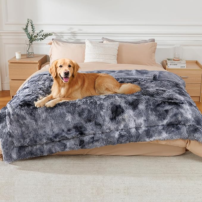 Luciphia Large Waterproof Dog Blanket for Pet Washable Liquid Proof Bed Intimacy Protection Shaggy Plush Calming Long Faux Fur Couch Cover Calming Cat Throw Blankets, Tie-dye Grey, 60" x 80"