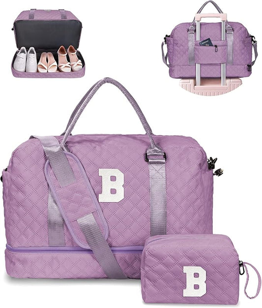 Vogewood Gifts for Girls-Duffle Bag with Shoe Compartment, Personalized Weekender Bag, Overnight Bags for Women, Letter Travel Bag with Makeup Bag，Tween Girls Trendy Stuff Gift (Letter B)