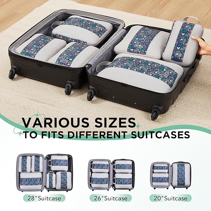 6 Set Compression Packing Cubes for Travel Essentials,Compressible Expandable Packing Cubes for Suitcase,OlarHike Luggage Organizer Bags for Travel(Dark Blue Floral)