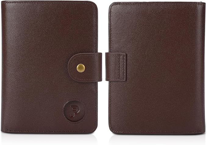 Polare Luxury RFID Blocking Leather Passport Holder Travel Wallet For Men and Women (Coffee with AirTag Slot(Snap Version))