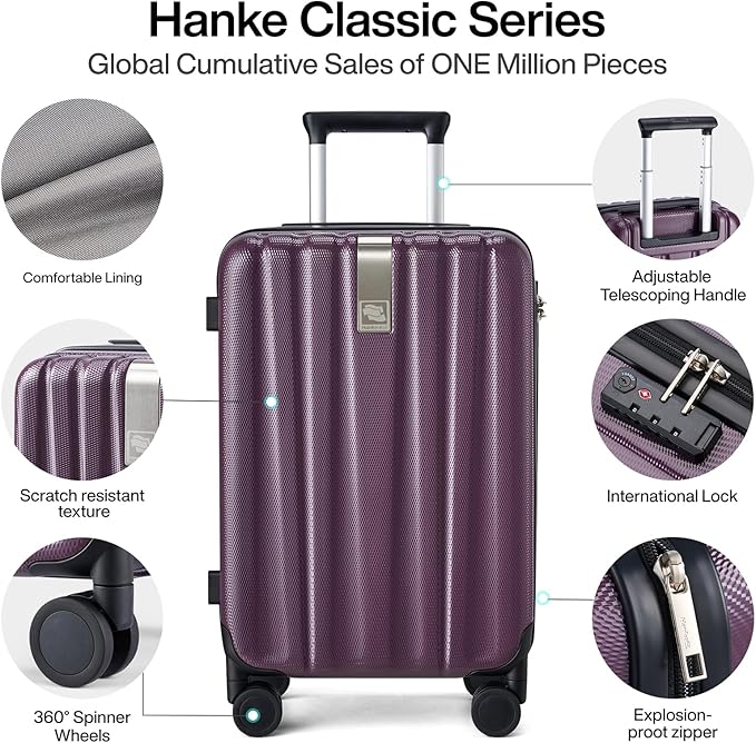 Hanke 24 Inch Luggage Suitcases With Spinner Wheels Lightweight PC Hard Shell Rolling Suitcase With Travel Lock,Checked-Medium 24-Inch（Purple）