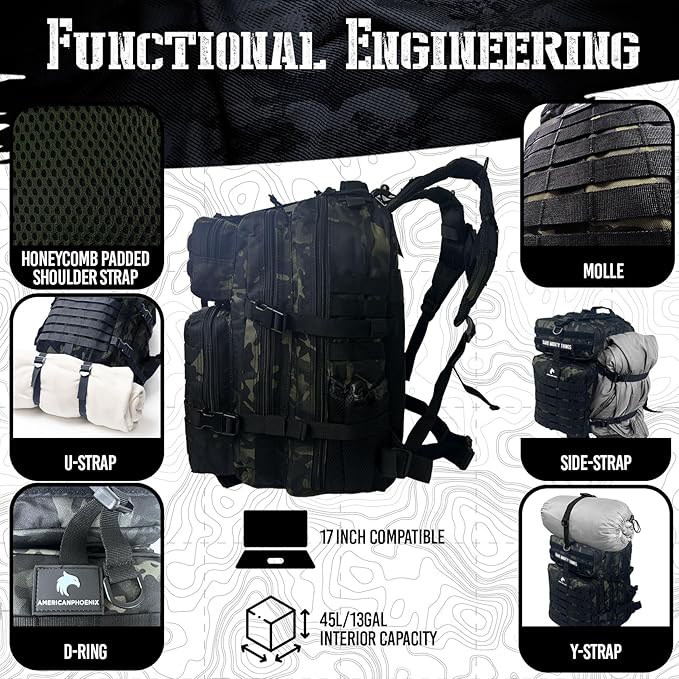 AMERICANPHOENIX 45L Elite Tactical Backpack | 3X Stronger Work & Military Backpack | Water Resistant and Heavy Duty | 3 Day MOLLE Bug Out Bag (Dark Forest)