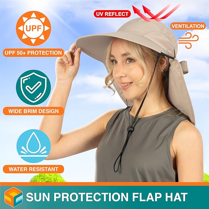 SUN CUBE Wide Brim Sun Hat with Neck Flap, UPF50+ Hiking Safari Fishing Hat for Men Women, Sun Protection Beach Hat