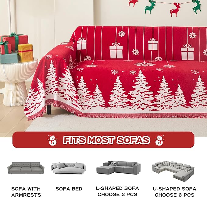 MEETSKY Christmas Couch Cover for Sectional Sofa, Chenille Loveseat Red Sofa Covers Washable for Pet Friendly Cedar Decorative Couch Covers, 71" x 118"