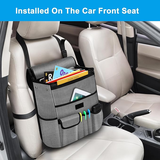 Car Front Seat Organizer| Efficient Car Organizers and Storage | Laptop,Tablet Pockets, Adjustable Straps,Kid-Friendly, Multi-Pocket, Cup Holders, Sturdy and Durable, Grey