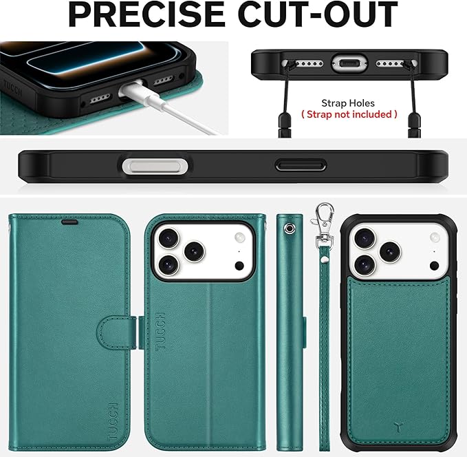 TUCCH 2-in-1 Removable Case Wallet for iPhone 17 Pro Max (6.9") 2025, Detachable Wrist Strap, 4 Card Holders RFID Blocking, Wireless Charging, Stand, Magnetic, PU Leather Folio Cover, Bluish Green