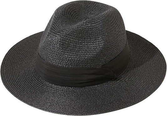 Lanzom Women Wide Brim Straw Panama Roll up Hat Fedora Beach Sun Hat UPF50+