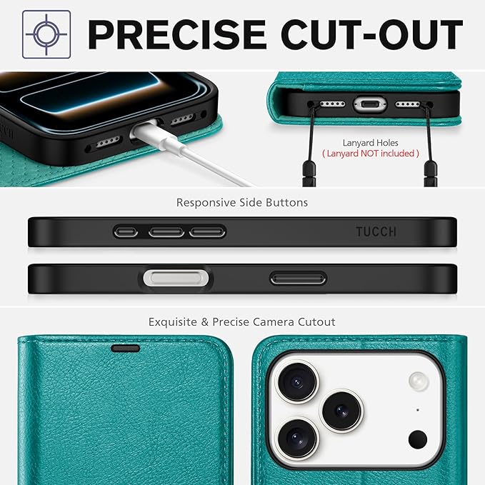 TUCCH Wallet Case for iPhone 17 Pro (6.3") 2025, 4 Card Slots | RFID Blocking | Stand | PU Leather | Magnetic Closure | Protective Flip Folio Cover | Shockproof TPU Shell | Cyan