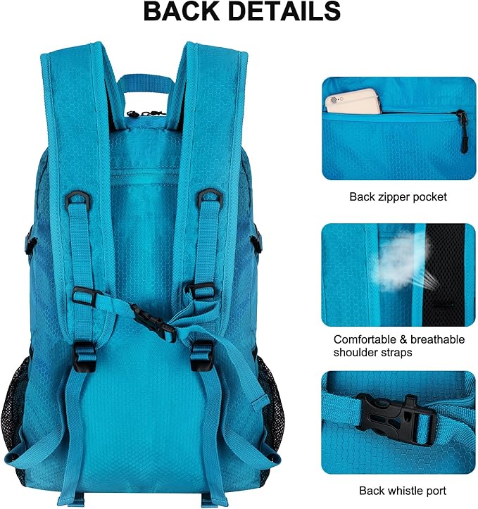 45L Hiking Backpack with Rain Cover, Lightweight Foldable Camping Backpack for Trekking, Water-Resistant Daypack with Hiking Pole & Mat Carrying System,Blue