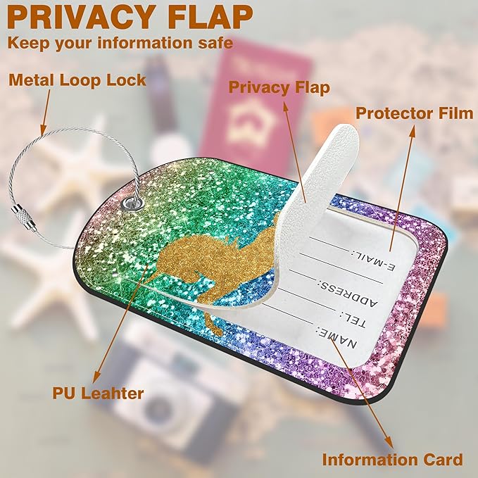 2 Pack Luggage Tag for Suitcase Sparkles Unicorn Leather Suitcase Tags with Privacy Name ID Label and Stainless Steel Loop for Travel Bag