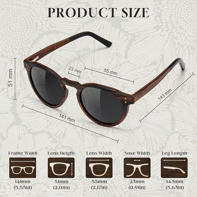 SUNGAIT Black Oak & Dark Ebony Wood Sunglasses Womens Polarized Round UV400 Protection Retro Vintage Gift-ready Case Included