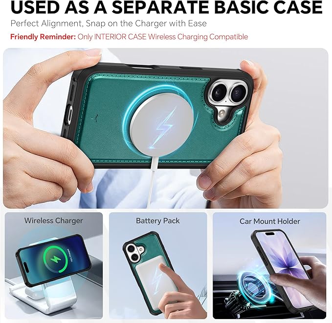 TUCCH 2-in-1 Removable Case Wallet for iPhone 17 (6.3") 2025, Detachable Wrist Strap, 4 Card Holders RFID Blocking, Wireless Charging, Stand, Magnetic, PU Leather Shockproof Folio Cover, Bluish Green