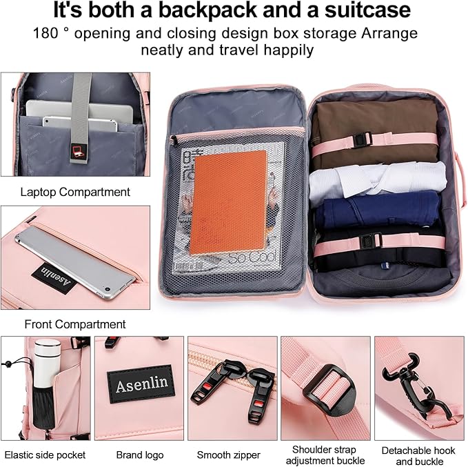 Asenlin 40L Travel Backpack for Women Men，17 Inch Laptop Backpack Flight Approved Luggage Carry On Water Resistant for Weekender Overnight Large Daypack PalePink