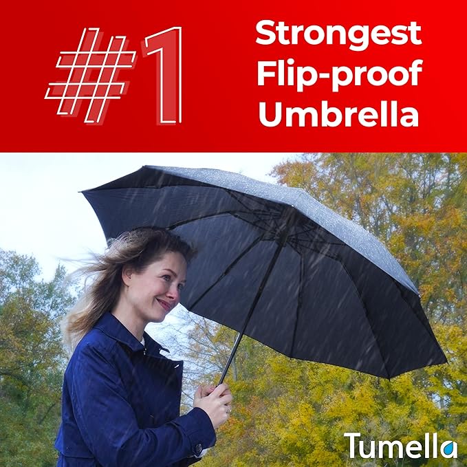TUMELLA Flip-proof Inverted Travel Umbrella, Small Strong but Light Portable and Automatic Reverse Folding Rain Umbrella, Durable Premium Grip, Fits Car & Backpack