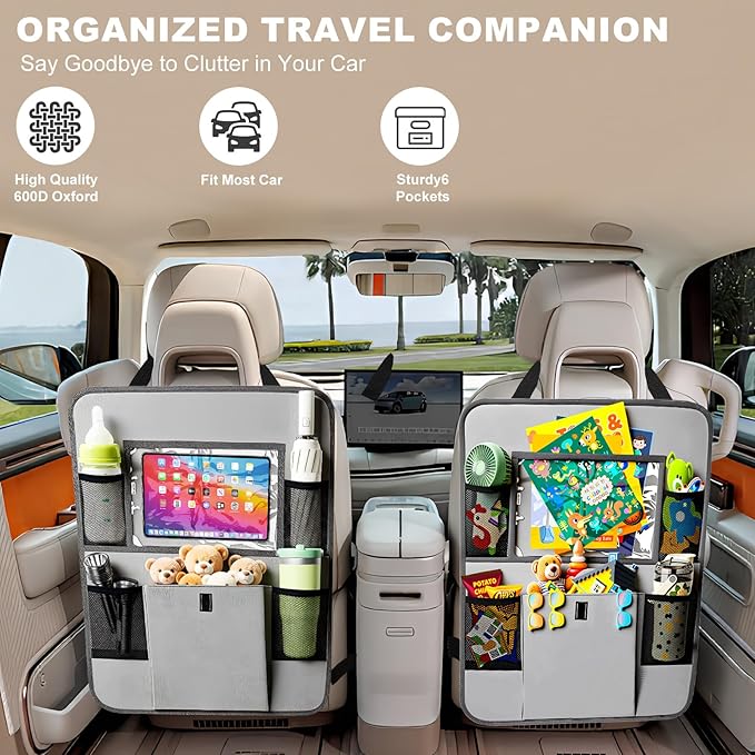 Car Backseat Organizer with Tablet Holder, 6 Storage Pockets Seat Back Protectors Kick Mats for Kids, Car Seat Protector for Road Trips 2 Pack (Grey)