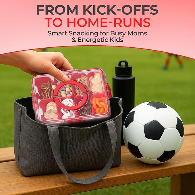 Snackle Box Container with Lid- Travel Charcuterie Box with Handle - Organizer for Candy, Fruit, Nuts, Veggies, Snacks, Beach Essentials, Portable Lunch Box (Red, Large)