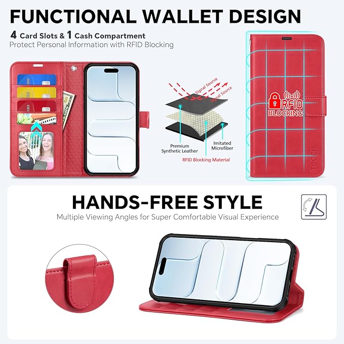 TUCCH 2-in-1 Removable Case Wallet for iPhone Air (6.5") 2025, Detachable Wrist Strap, 4 Card Holders RFID Blocking, Wireless Charging, Stand, Magnetic, PU Leather, Shockproof Folio Cover, Red