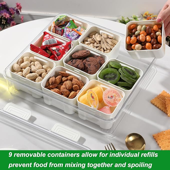 Taiuloo Divided Serving Tray with Airtight Lid and Handle, 9 Compartment Snackle Box Container, Portable Snack Platters, Clear Fridge Organizer & Food Storage for Veggie, Fruit, Charcuterie, Nuts