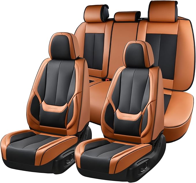 Coverado Car Seat Covers Full Set, Seat Covers for Cars, Black Car Seat Covers Front Seats and Back Car Seat Protector Waterproof, Leather Car Seat Cushion Universal Fit for Most Cars Brown