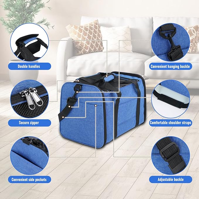 Pet Portable Travel Carrier Bag for Cats Dogs, Mesh Travel Puppy Carrier, Oxford Fabric Large Capacity Breathable Soft-Sided Animals Carrier with Mat Shoulder Strap (Blue)