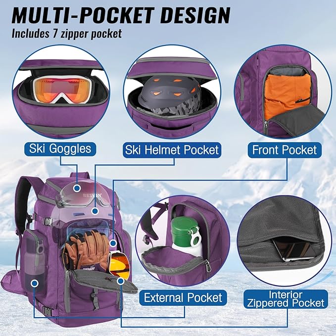 Ski Boot Bag, 65L Durable Travel Backpack, 1680D Nylon Waterproof Snowboard Boot Bag, Skiing and Snowboarding Travel Luggage for Helmet, Goggles, Gloves, Outerwear & Accessories