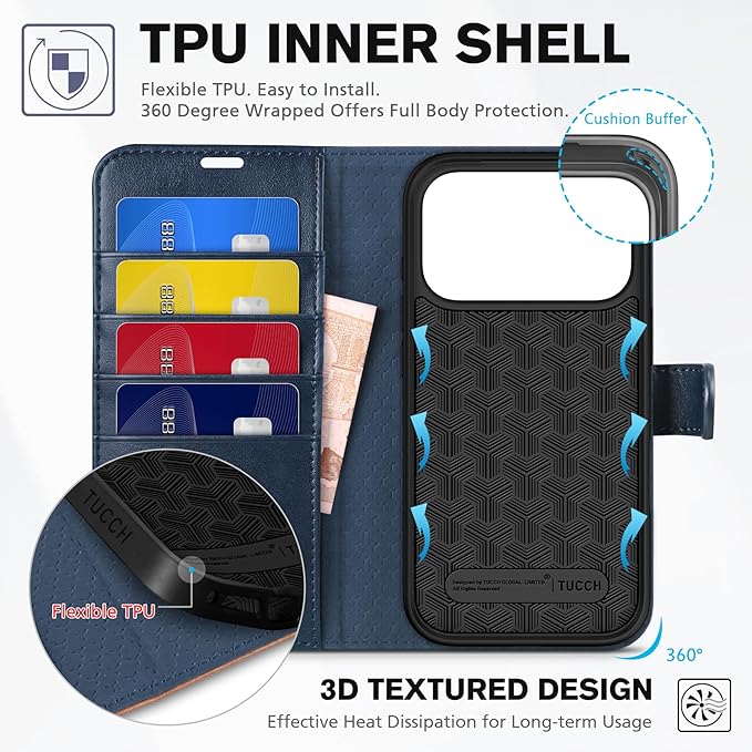 TUCCH Wallet Case for iPhone 17 Pro (6.3") 2025, 4 Card Holders, RFID Blocking, Stand, Shockproof TPU Shell, PU Leather, Magnetic Closure, Protective Flip Folio Cover, Blue & Brown