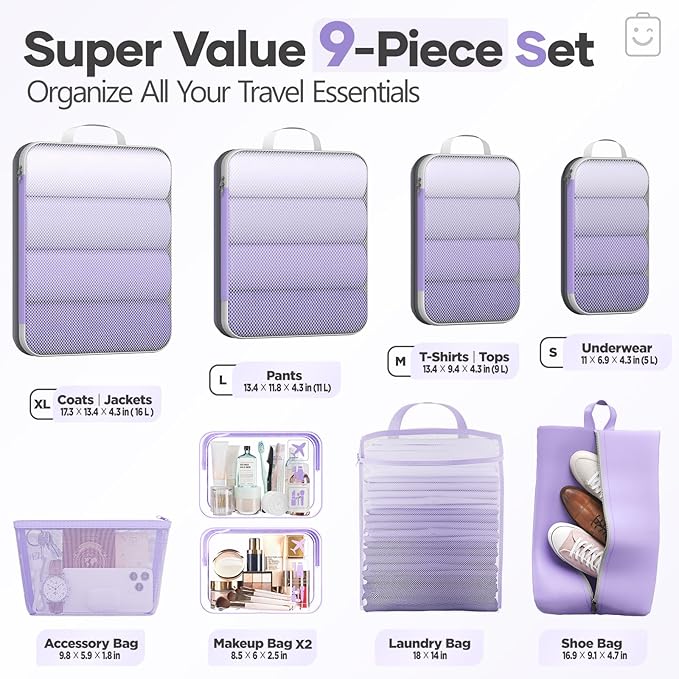 Veken 9/11 Set Compression Packing Cubes for Travel Essentials,Compressible Expandable Large Luggage Suitcase Organizer Bags for Clothing,Durable Space Saver Storage Bags(Light Purple)