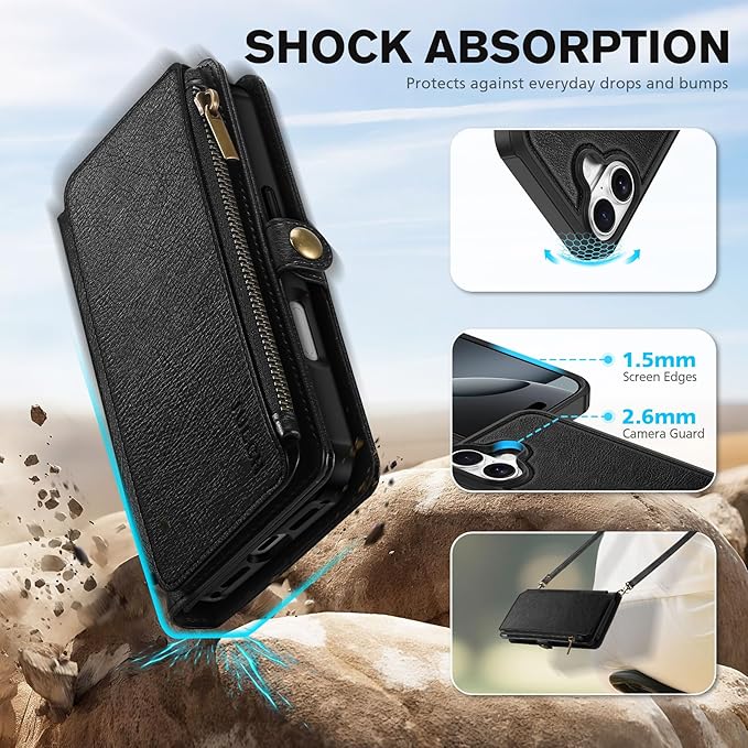 TUCCH Removable Crossbody Case Wallet for iPhone 17 6.3" 2025, 9 Card Slot RFID Blocking, Stand, Lanyard, Wrist Strap, Wireless Charging, Zipper Pocket, PU Leather, Magnetic Flip Cover, Textured Black