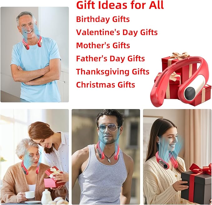 Portable Neck Fan,Personal Wearable Bladeless Fan,LED Display,4-Speeds,6000mAh USB Rechargeable,360° Strong Cooling Wind,Hands Free,Long Lasting,Birthday Gifts for Men Women Dad Mom (Red)