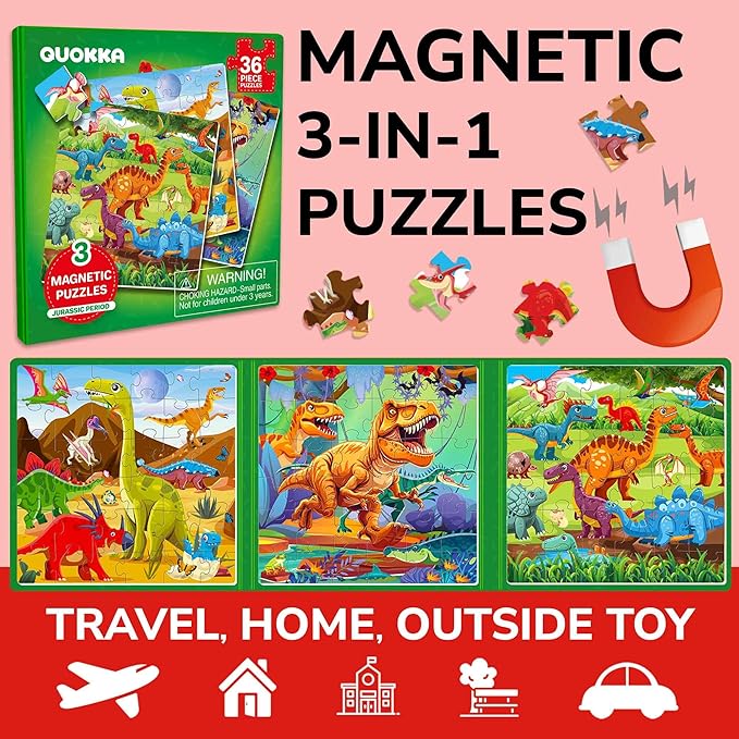 QUOKKA Travel Magnetic Puzzles for Toddlers 3 – 30+Pcs Dino Game with Extra-Long Play Book – Fun Travel Game Toy for Kids Ages 3-5 – Strong Magnets for Car Activities – Fun Toddler Puzzle Ages 3-4