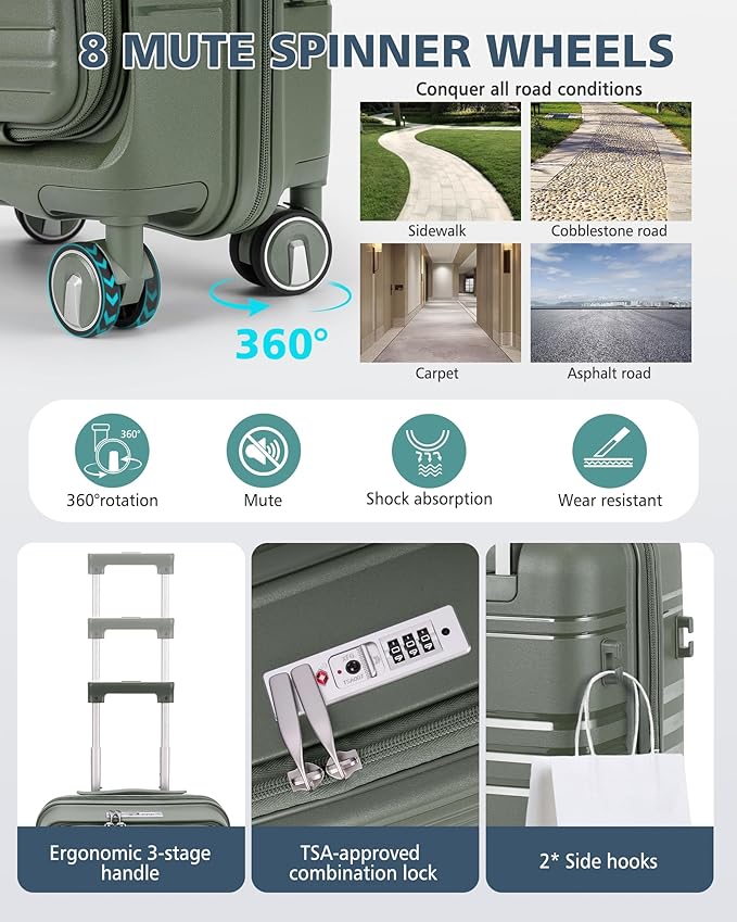 RAINSMORE Expandable Carry on Luggage 20 Inch, Airline Approved Carry on Suitcase with Front Pocket&Laptop Compartment, Hardshell Rolling Travel Luggage with Spinner Wheels,Sage Green
