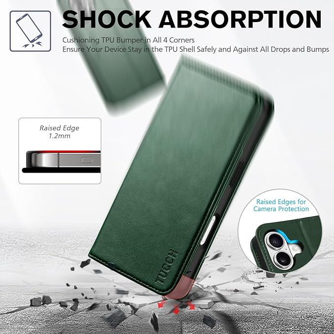 TUCCH Wallet Case for iPhone 17 (6.3") 2025, 3 Credit Card Holders, RFID Blocking, Stand, PU Leather, Shockproof TPU Interior Shell, Protective Flip Folio Cover, Midnight Green