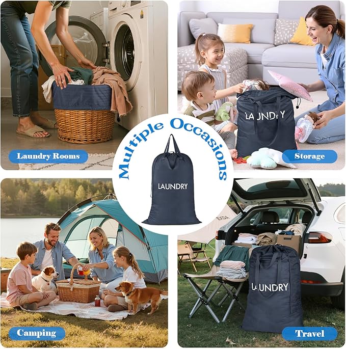 MissBoy Heavy Duty Nylon Laundry Bag,Washable & Splash-Resistant Dirty Clothes Storage Bag with Drawstring & Handles丨Lightweight, Foldable & Space-Saving for College Dorm,Beach&Trips, 80L Navy Blue