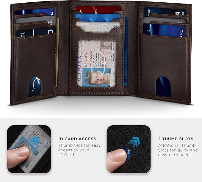 SERMAN BRANDS Trifold Wallet for Men - RFID Blocking Full Grain Leather, 11 Card Slots & ID Window, Slim Everyday Carry, Durable Stitching, Gift for Him