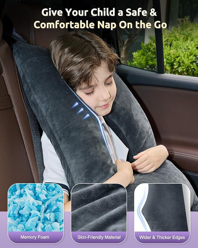 Car Pillow for Kids, Travel Pillow with Adjustable Strap, U-Shaped Pillow for Adults and Children to Support Head and Body Road Trip Essentials (Grey)