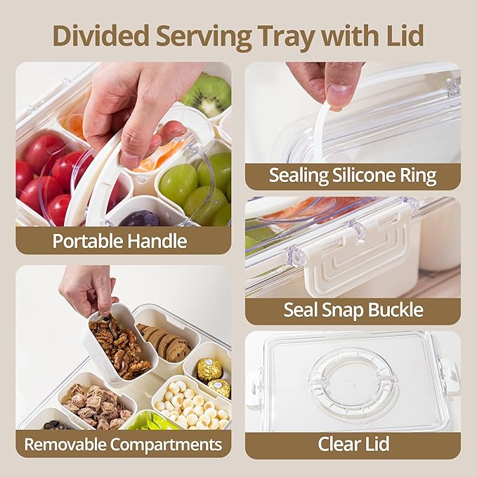2 Pack Snackle Box Container with 8 Compartments, Clear Divided Serving Tray with Lid and Handle, Snack Bentobox for Charcuterie, Candy, Fruits, Nuts, Picnic, Travel, Beige