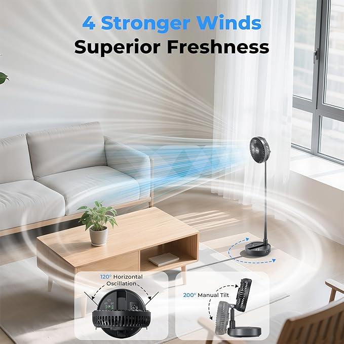 AMACOOL 8'' Foldable Oscillating Fan, 10000mAh Battery Operated with Remote & Timer, Height Adjustable Portable Standing Fan, Quiet USB Output for Camping RV Picnic Home Office Outdoor