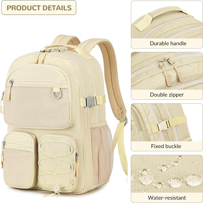 Lohol Water Resistant Backpack with Mulitiple Pockets for Travel Outdoor College, 15.6 inch Laptop Bookbag for Girl and Women (Beige)