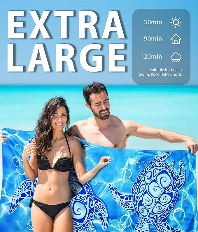 2 Packs Sand Proof Microfiber Beach Towels Adult –Quick Fast Dry Beach Oversized Accessories for Travel Swim Pool Yoga Camping Blanket Essentials Lightweight Must Haves Items Women Gifts Blue Turtles