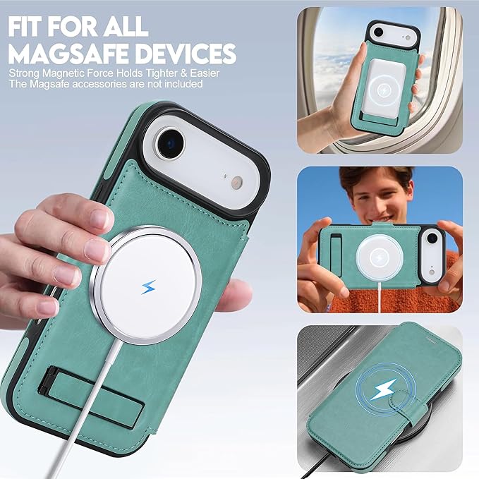CIVICASE for iPhone Air Wallet Case with Stand,PU Leather Flip Credit Card Holder Slots (RFID Blocking),Compatible with Magsafe Magnetic Holder Phone Cover Women Men,Green