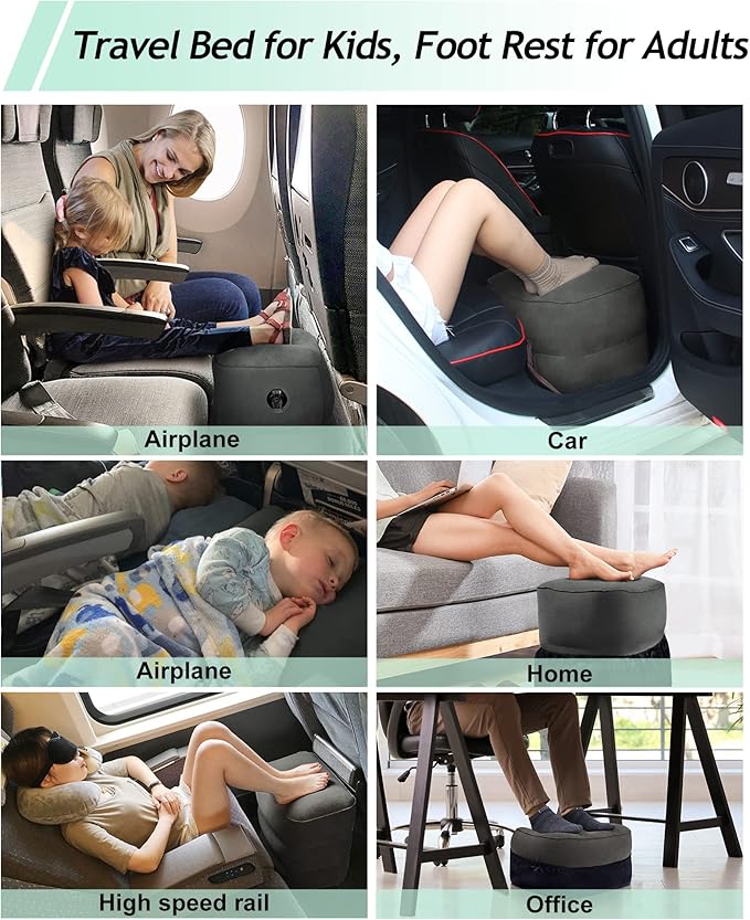 JefDiee Inflatable Travel Foot Rest Pillow, Kids Airplane Bed, Adjustable 3 Layers Height Leg Rest Pillow, Adults Travel Essentials Great for Airplane, Office, Home, Trains, Cars (Dark Grey)